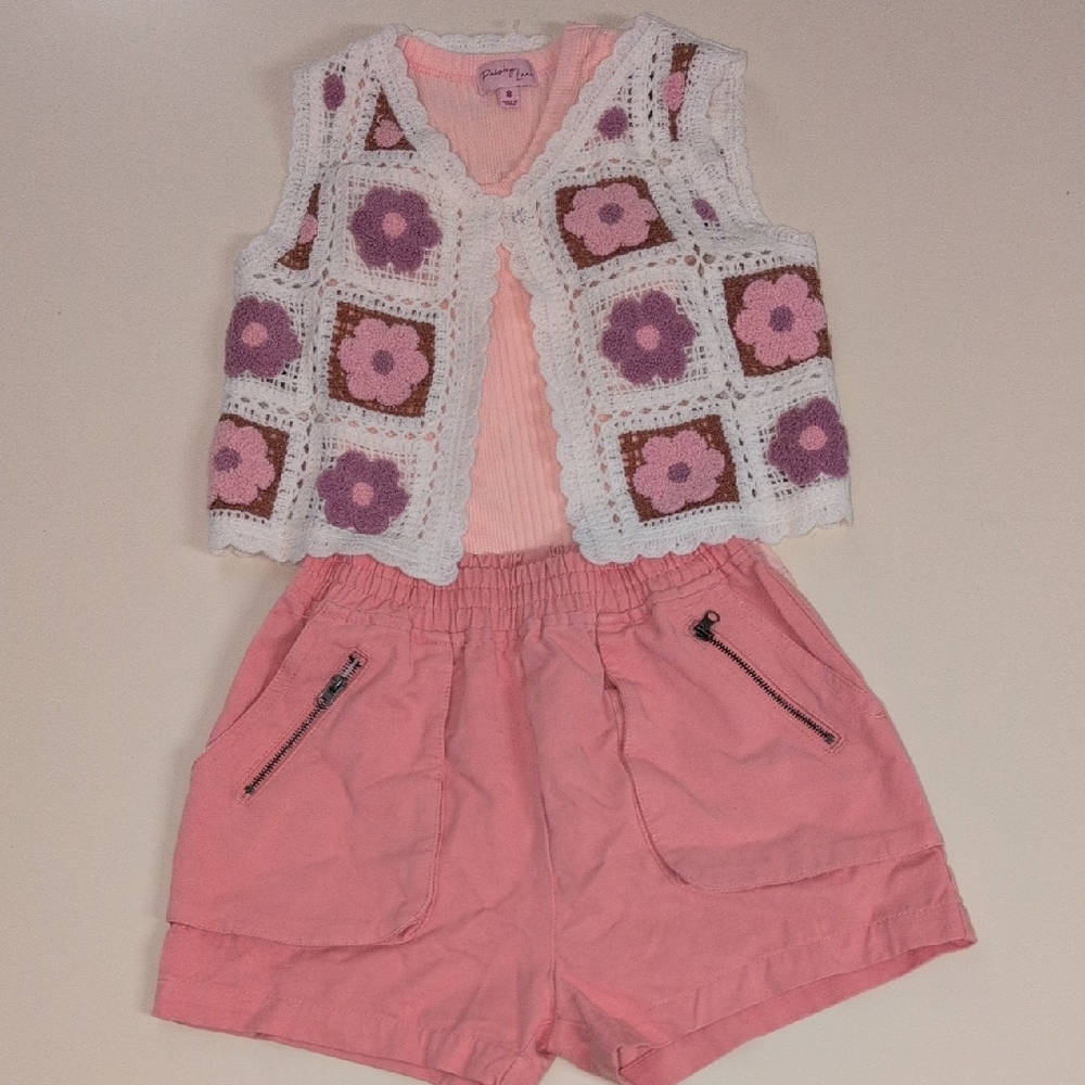 Pink Rib Tank & Crochet Flower Vest Set